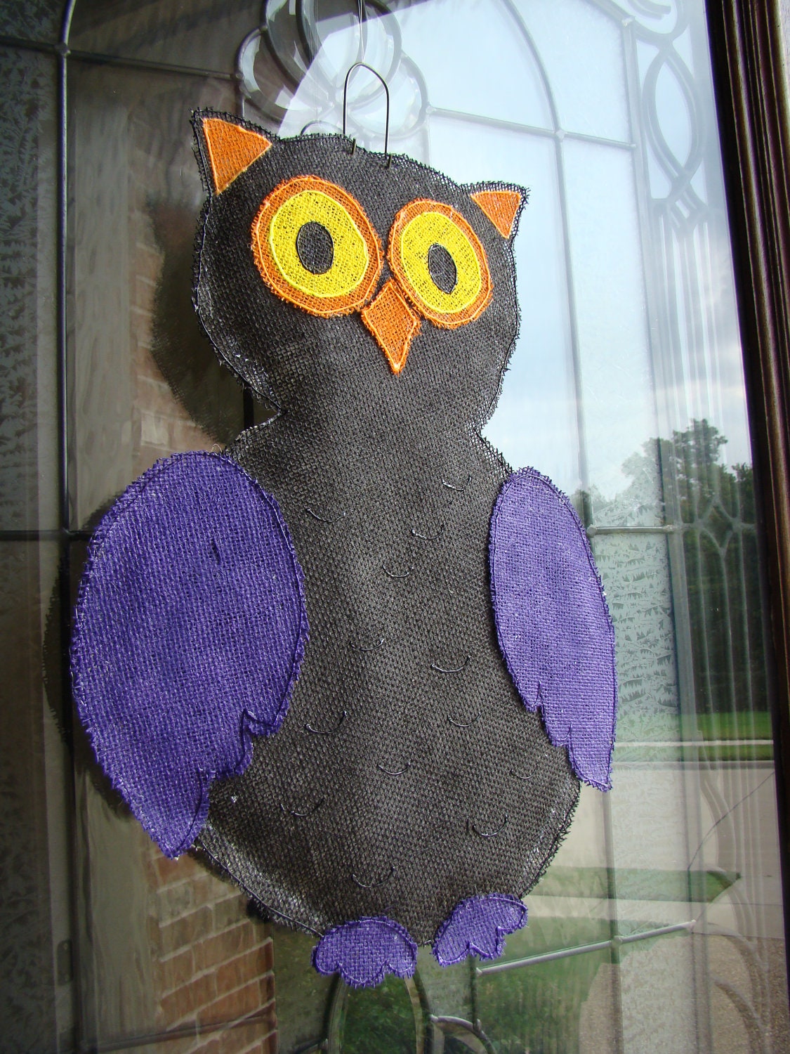 Hootie the Owl Halloween hand painted burlap door hanging