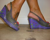 Handmade women pair of painted grey and blue wedges size 38