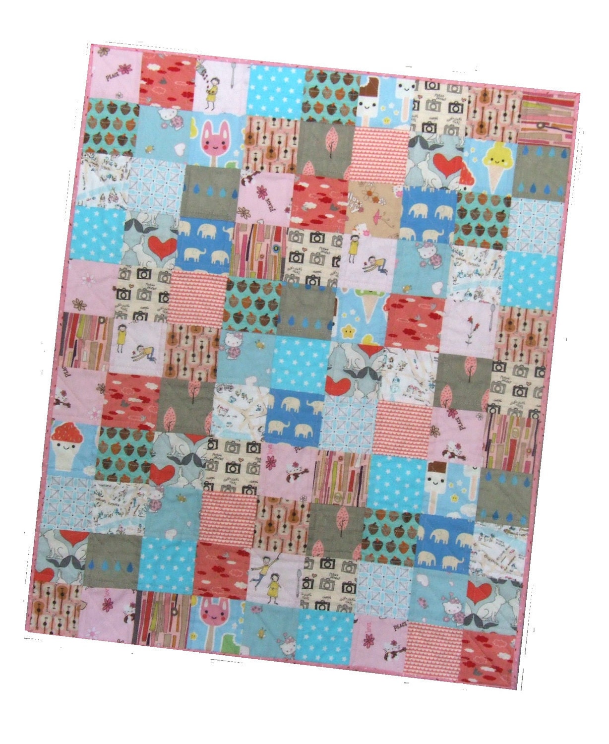 Girls Kawaii Quilt - 80's Quilt - Baby Crib Quilt - Spoonflower Fabric