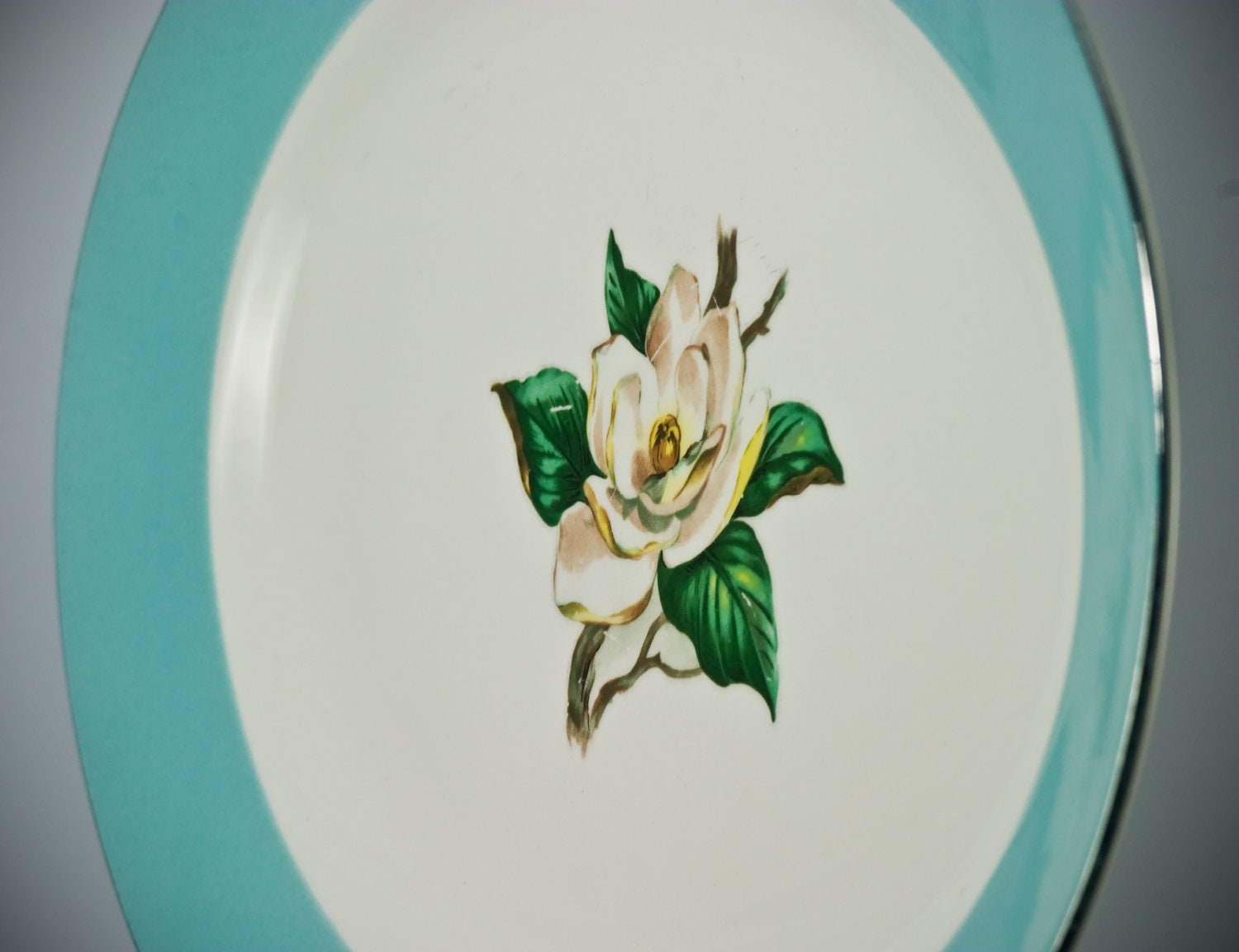 Vintage Platter, Lifetime China, Oval Platter/Tray Porcelain Magnolia floral Center with Turquoise Band