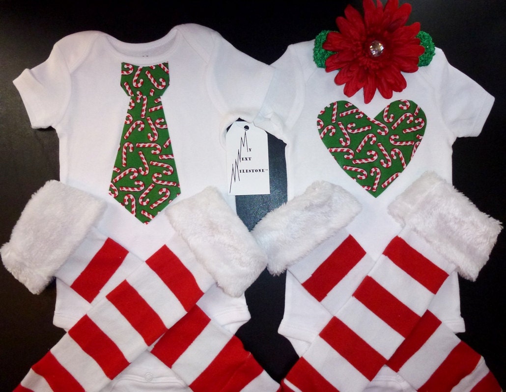 Christmas Candy Cane Boys Necktie and Girl Heart Shaped onesie with matching leg warmers flower clip headband TWINS Boy Girl Siblings