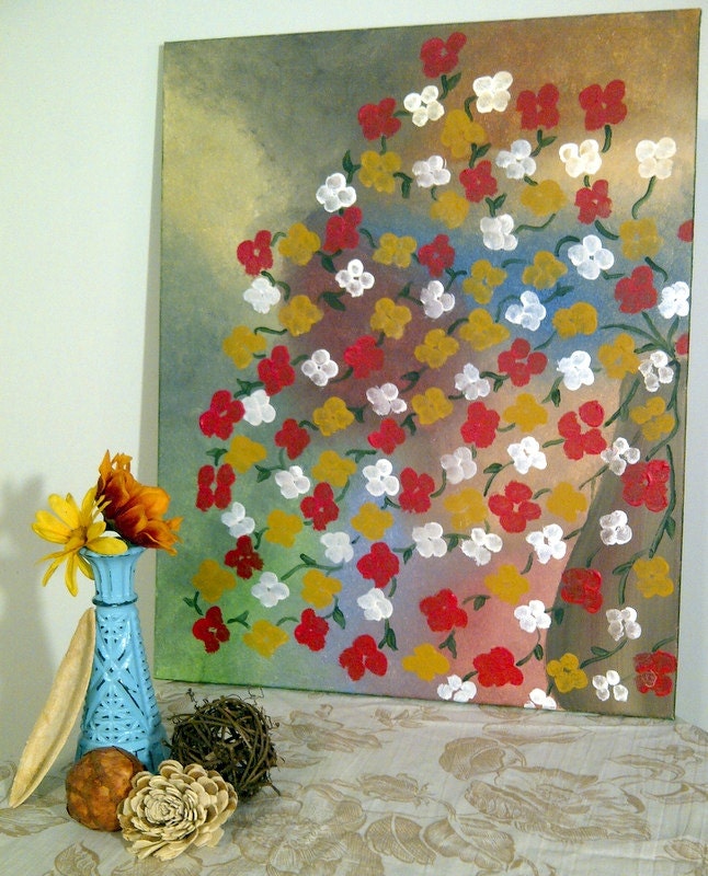 red, yellow and white flowers in brown vase, original acrylic painting on canvas 16x20