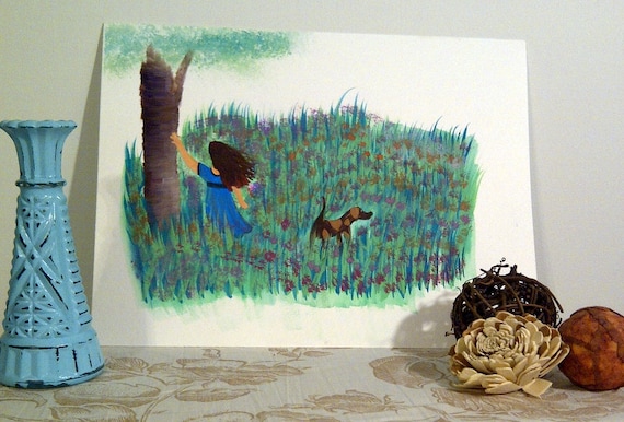 Original watercolor painting, girl and dog in meadow, unframed art, 9x12