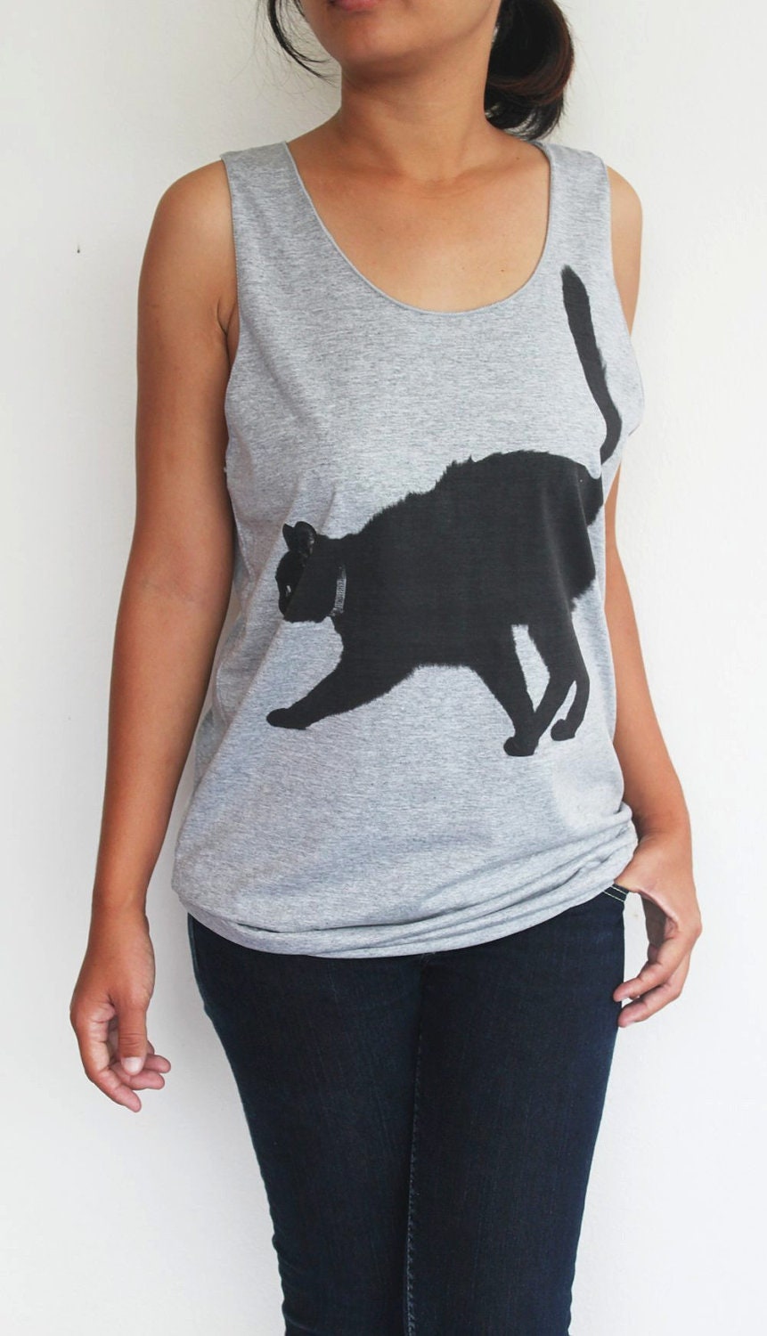 Black cat Tank Top - Women t-shirt tank top Tunic Unisex  Men Shirt Vest Women Sleeveless tee Singlet Gray T-Shirt Size M L