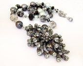 Black silver blue long beaded necklace handmade