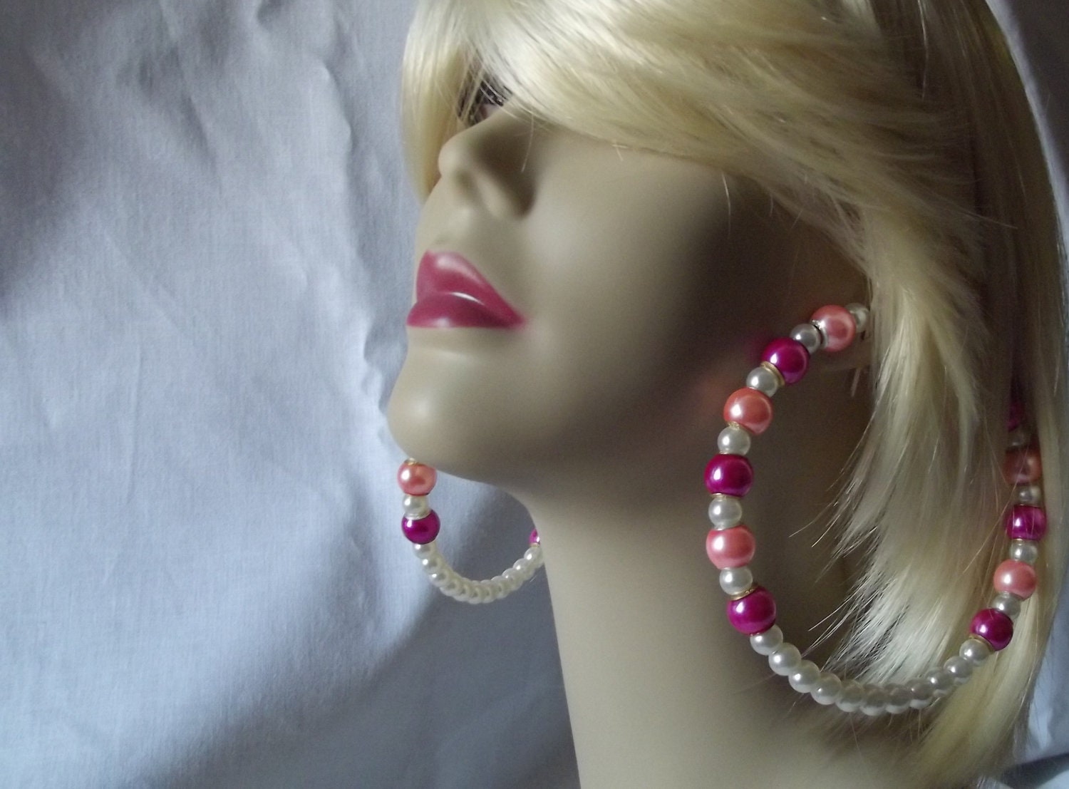 Pink Bubblegum Pop Pearl Beaded Hoop Earrings w/ Pandora style pearl Charms .925 SS