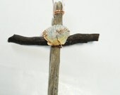 Handmade Driftwood Cross Wall Hanging, Drift Wood and Seashell Wall Decor, Reclaimed Wood Decoration