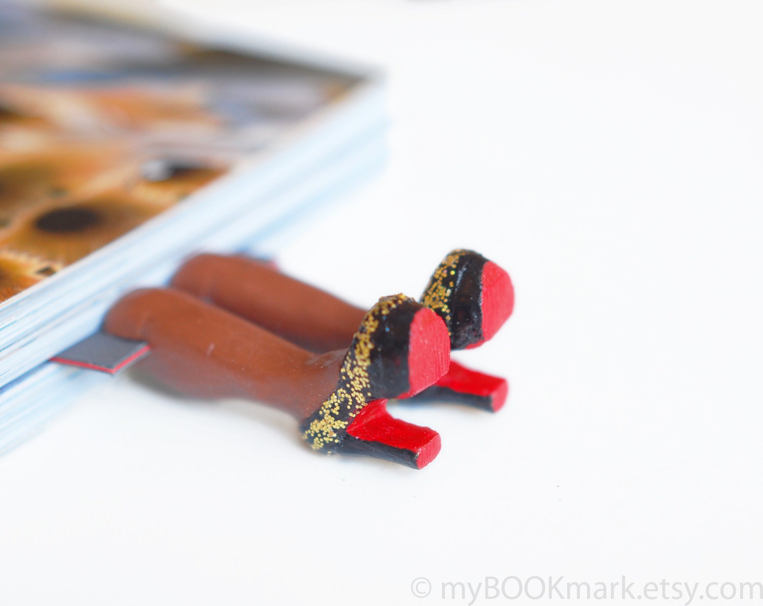 Louboutin shoes bookmark with golden glitter. Chocolate brown skin. Elegant fashion gift. Black, gold and red shoes. oht - MyBookmark