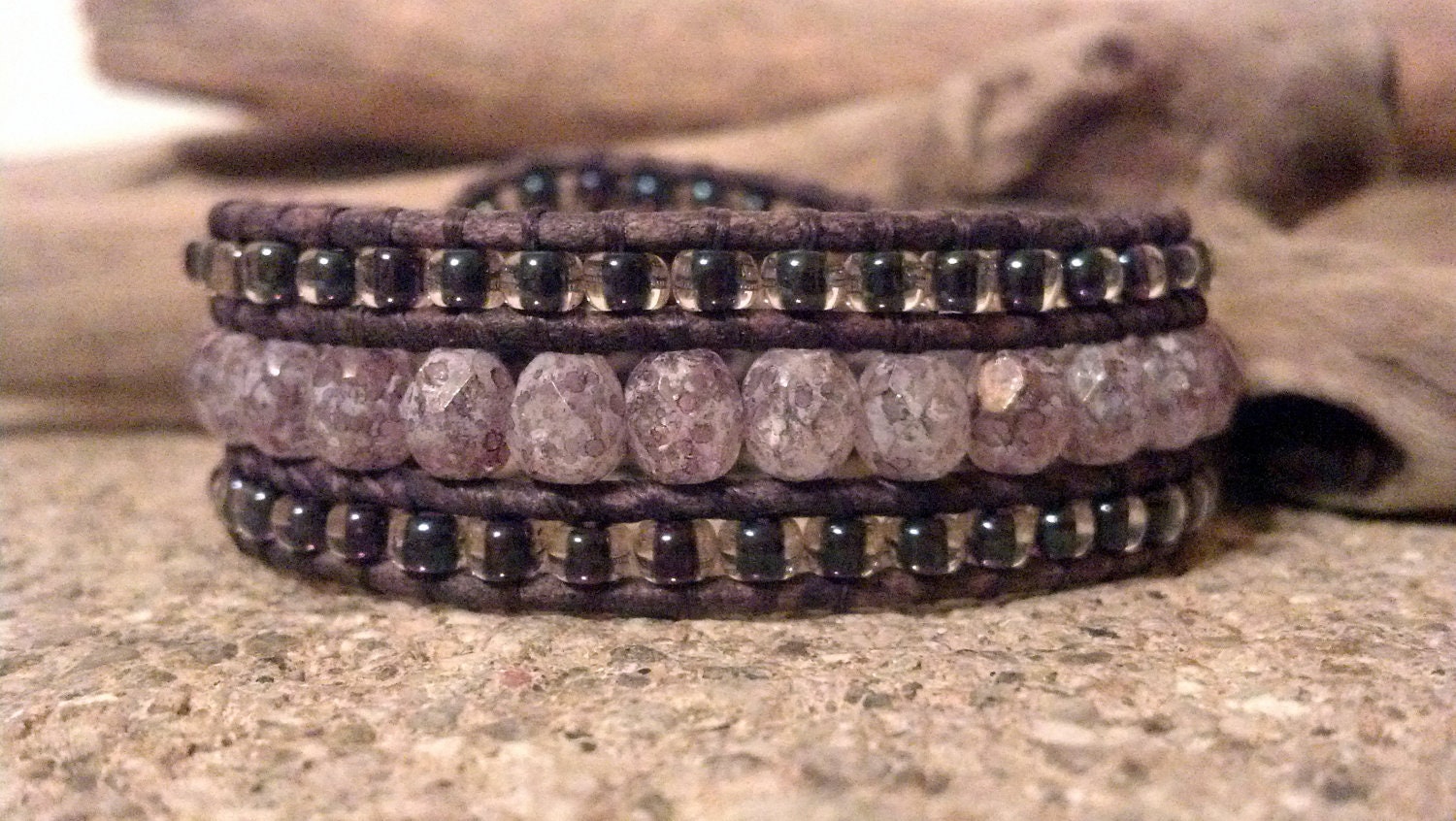 Beaded Leather Cuff Bracelet, Amethyst Stone Luster,  Beaded Leather Wrap Bracelet, Shabby Chic