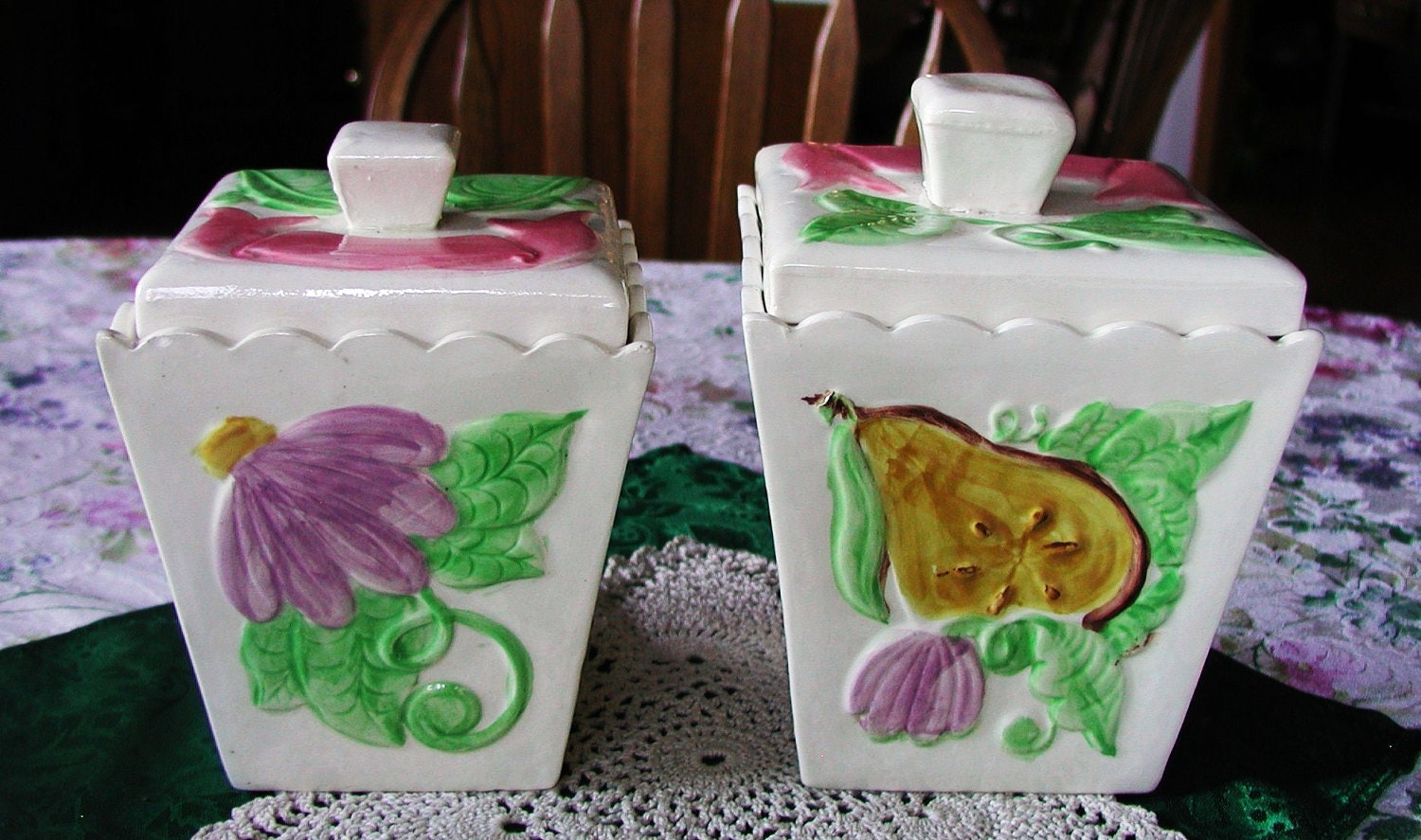 10% Discount Going Gone SALE Shabby Chic Retro.. LEFTON..1950s - 1960s Fruit Canisters Set of Two