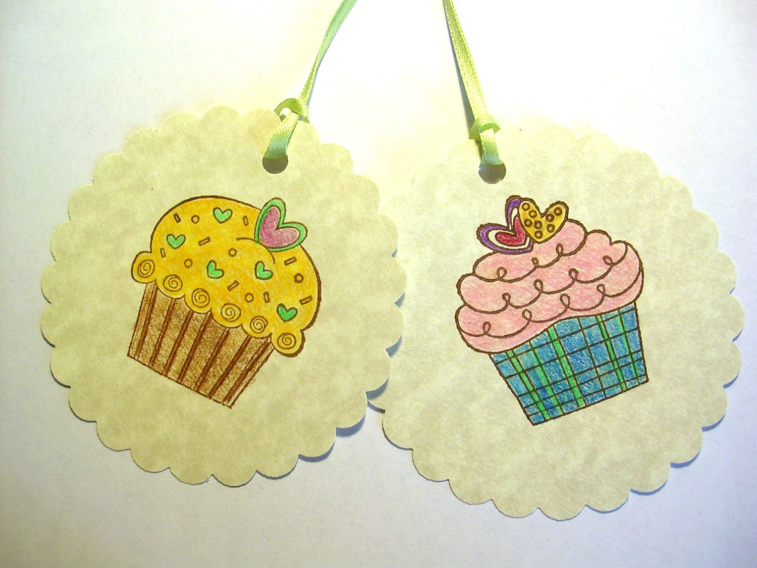 Cupcake Tags - Set of 12 Hand Colored Scallops