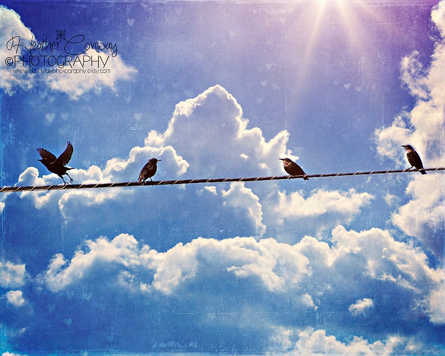 Nursery Art Pastel Purple Blue Sky Birds sitting in a line Rainbow Heart Bokeh Fluffy White Clouds Dreamy Soft Twinkle Star burst