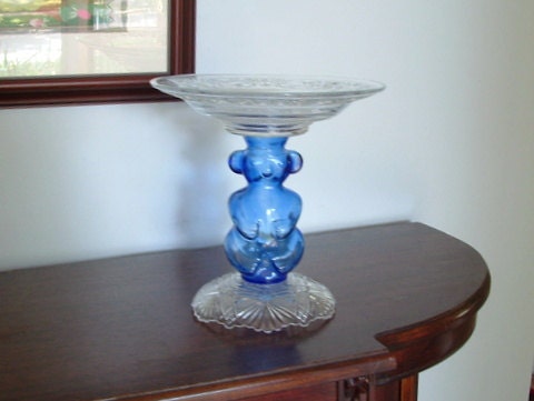 Blue Bear catch-all dish.  Soap dish. Candle holder.  Made with vintage and repurposed upcycled glass. Hostess gift.