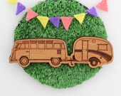 Wood laser cut brooch Cosy vintage Caravan/Kombi combo natural wood finish