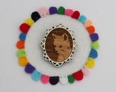 Laser cut wood brooch, Adorable little baby fox cameo, handpainted white border