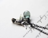 bramble and hummingbird. necklace.  (deep green moss aquamarine. rare chandelier teardrop gemstone. oxidized sterling silver. wire wrapped.