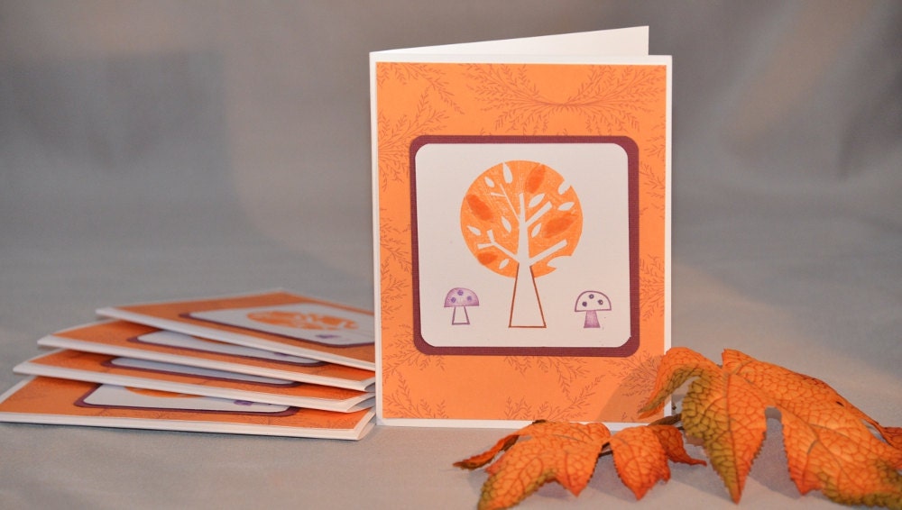 Handstamped Fall Blank Greeting Cards with Tree and Mushrooms (Set of 5)