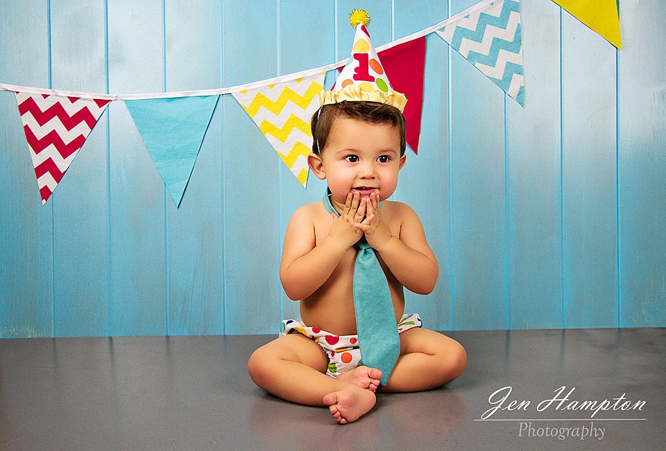 ON SALE - Birthday Boy Diaper Cover, Neck Tie, and Cone Hat set - Customize your patterns and colors to match