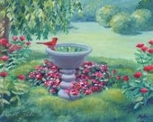 Cardinal Original Oil Painting Garden Bird Bath Janet Zeh 5x7