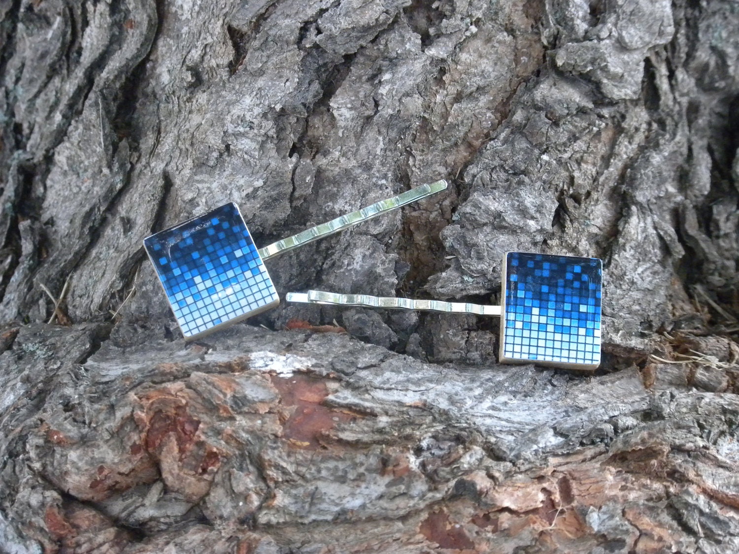 Scrabble Tile Hair Clips Bobby Pins Blue White Pixels