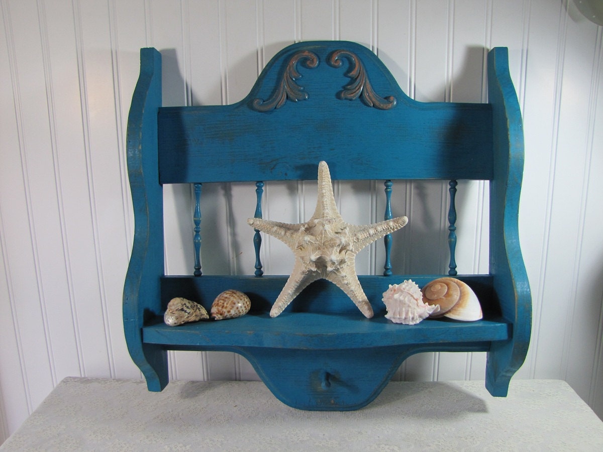 Turquoise Coastal Cottage Chic Vintage Curio Shelf with Peg