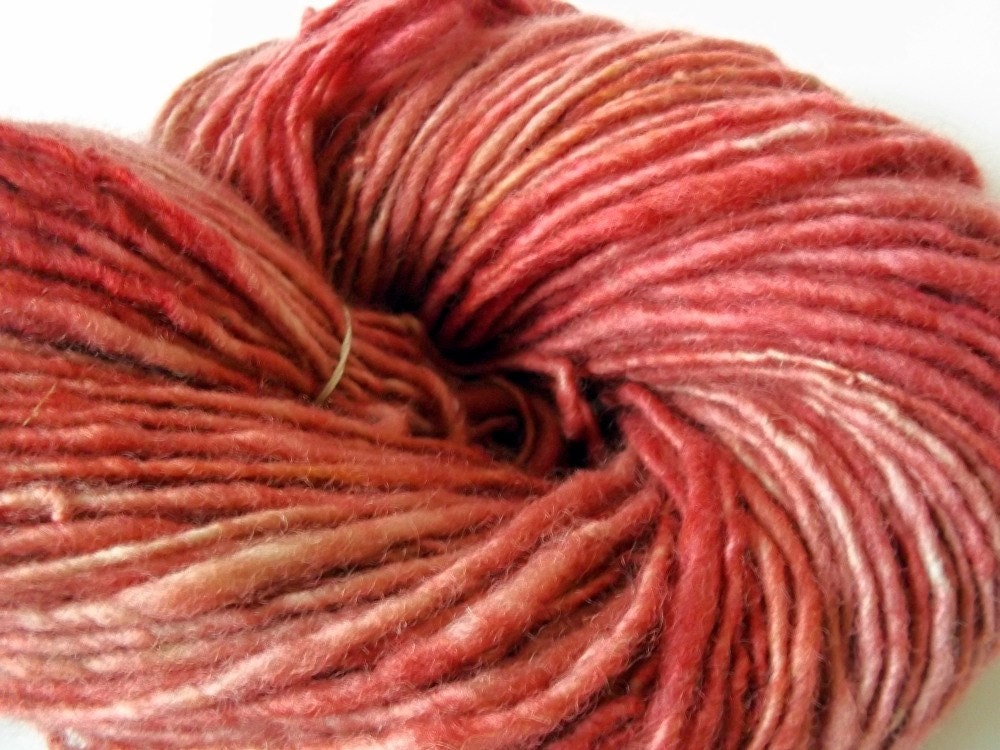 Rotten Apple - 220 yards 9 oz - handspun aran weight Romney wool - handpainted red, pink, grey, green
