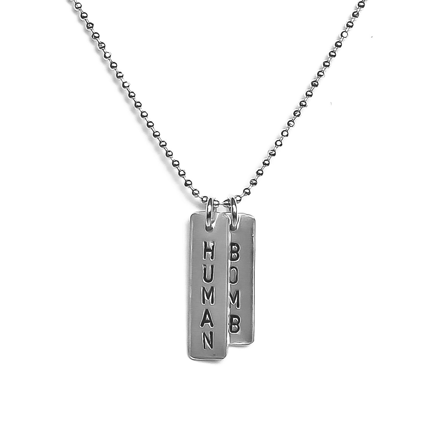 Human Bomb / words on silver tags necklace (MS04)
