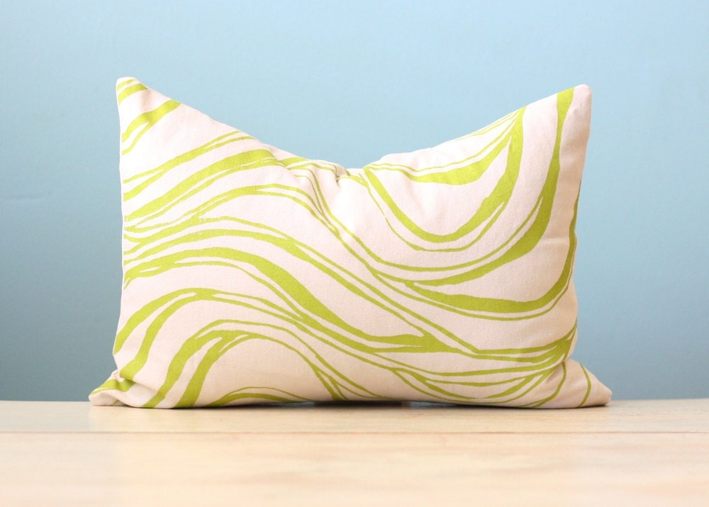 Wave Stripe Linen Pillow Cover Floral Decorative Cushion Throw 12x16 Chartreuse Painted Hand-Printed Screen Print Hostess Gift