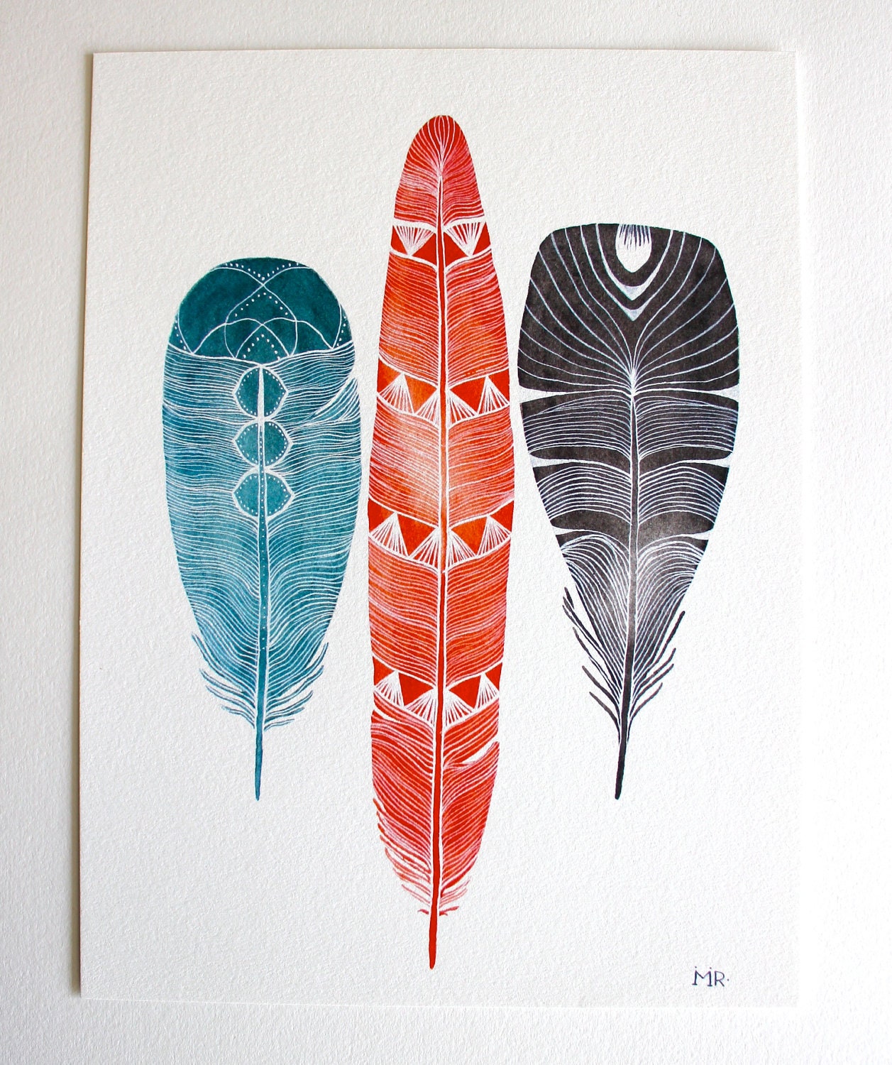Watercolor Feather Painting - Archival Print - Black Friday Cyber Monday - 5x7 Lhasa Feathers
