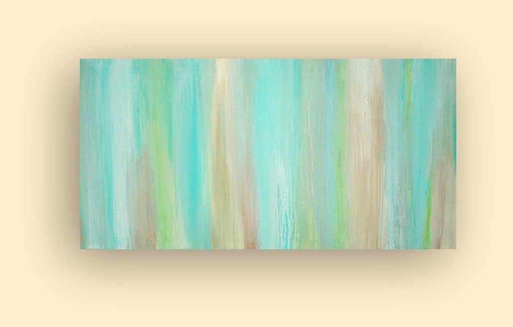 RESERVED for a Client. Aqua Original Abstract Acrylic Painting Fine art on Gallery Canvas Titled: JUST A WHISPER 24x48x1.5" by Ora Birenbaum