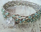 Seafoam Crochet Wrap Bracelet Necklace, Pale Aqua Blue, Boho Bohemian Glam, Surfer chic, Beach jewelry, Beaded Jewelry