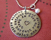 Spiral hand stamped antiqued silver metal necklace personalized for mothers grandmothers with names or words