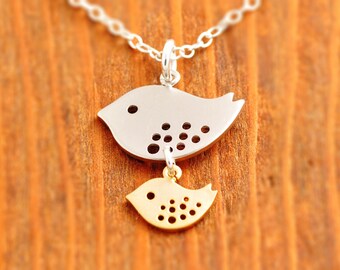 Mother and Daughter Necklace - mother necklace, mom necklace, sterling silver, baby shower jewelry, silver bird necklace, new mom necklace