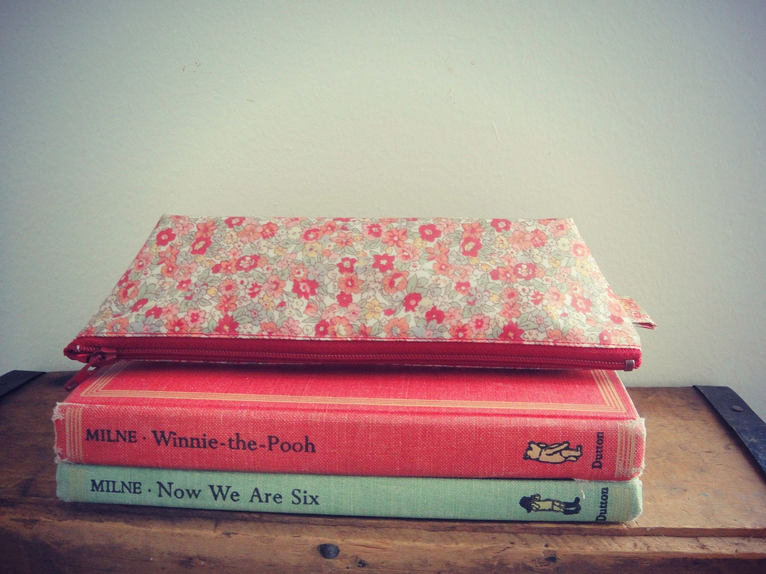 Laminated Cotton Red and Pink Floral Pencil Case, Zipper Pouch, Handmade Cosmetic Pouch