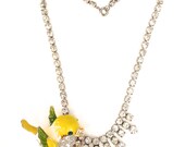 Vintage Rhinestone Choker BIRD Statement Necklace in Crystal, Yellow, & Green Jewelry by ZILLAS QUEEN