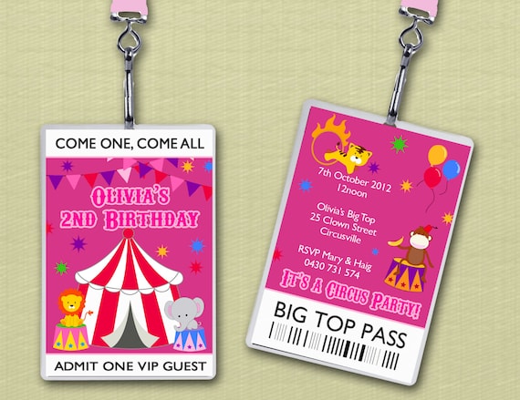 Personalised Circus Carnival Themed Birthday VIP Lanyard Invitations x 10 Il_570xn