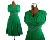 1950s 1960s Vintage Pleated Chiffon Dress / Cummerbund Waist Full Skirt / S M