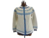 1950s 1960s Fair Isle Sweater Cardigan / Cream and Blue / S / M / L