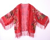 Sheer Velvet Burnout Fringe Kimono Jacket