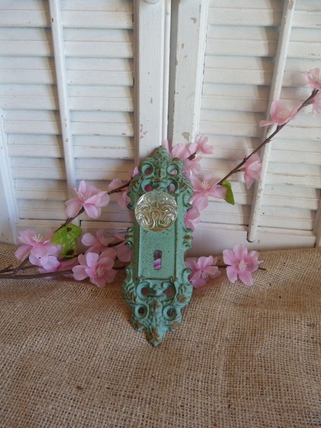 Rustic Aqua Blue Green Cast Iron Glass Door Knob, Vintage Inspired Door Knob, Fleur De Lis, Cottage Chic, Towel Rack, Handbag Hook