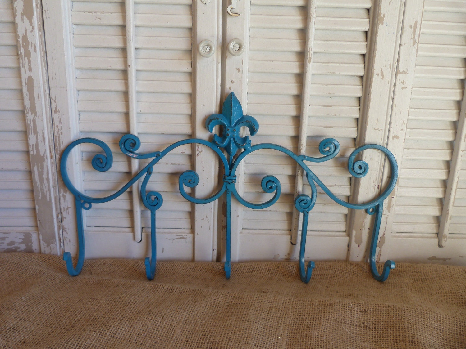 Turquoise, Iron Fleur De Lis Hook, Wall Hook, Necklace Holder, Wall Decor, Cottage Chic, Shabby and Chic, Metal Decor