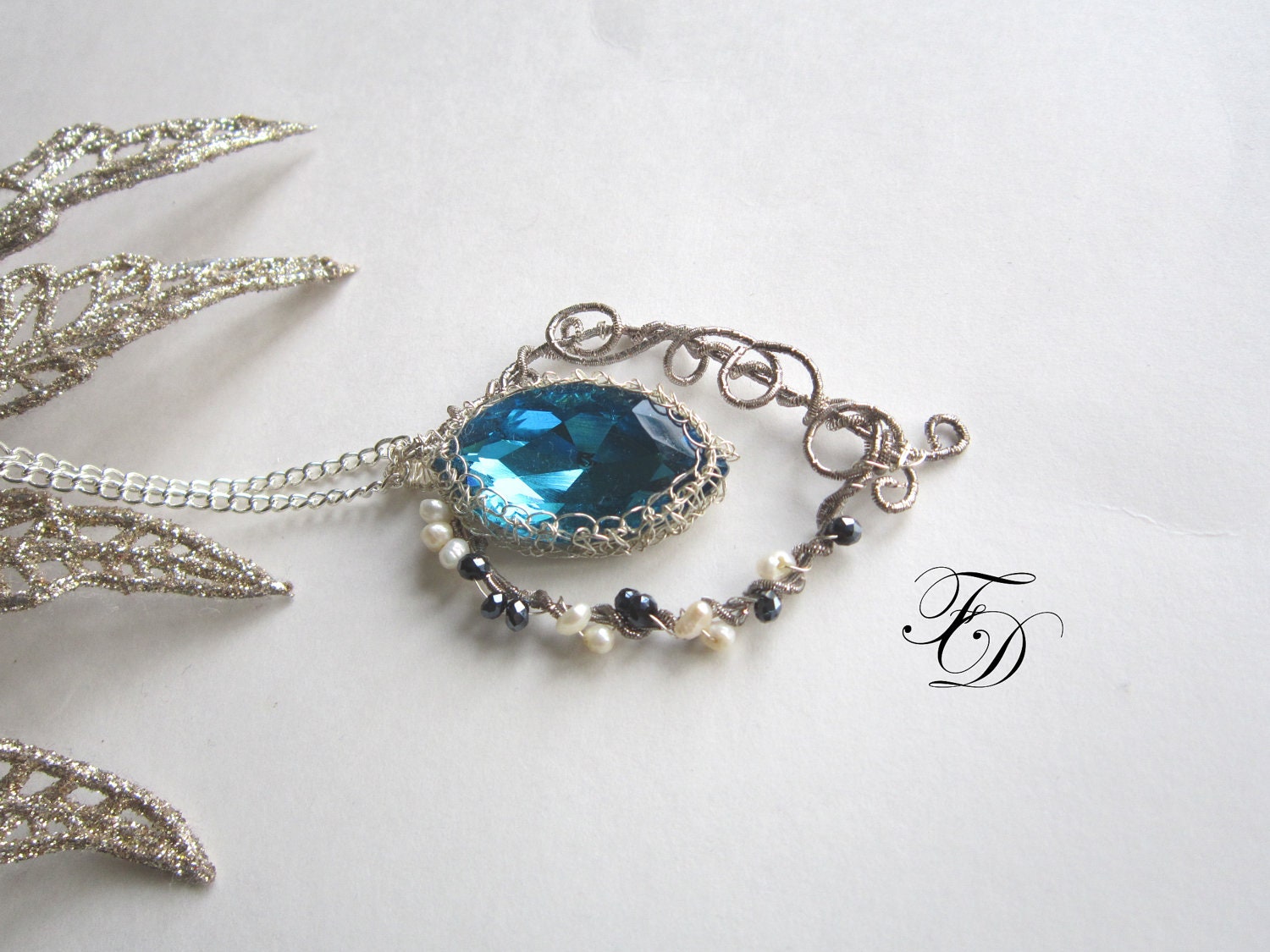 Wire crochet  Pendant , Oxidized Silver Wire wrapped Necklace,Freshwater Pearls, Black crystals and Swarovski-November Frost
