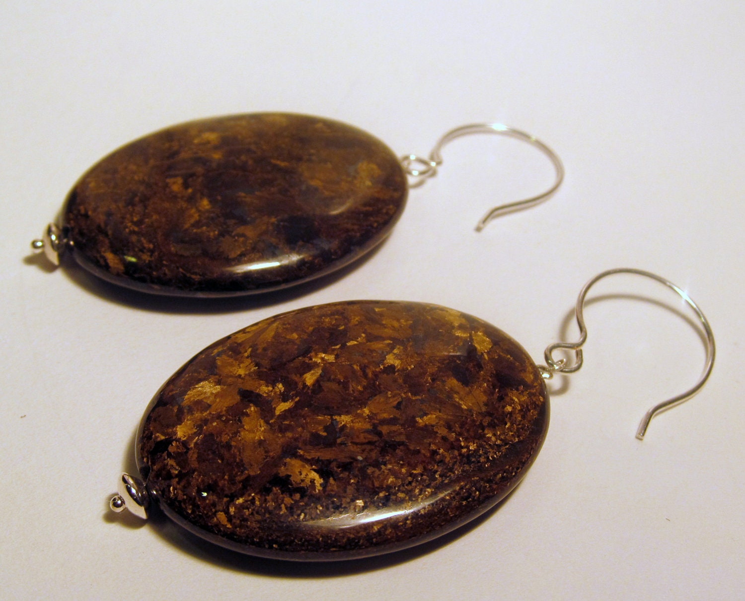 Large Oval Bronzite and Sterling Silver Hoop Earrings