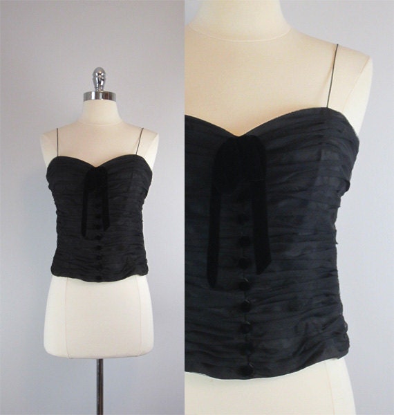 vintage corset top / bustier / OLEG CASSINI / black / sweetheart / ruched / tulle / velvet