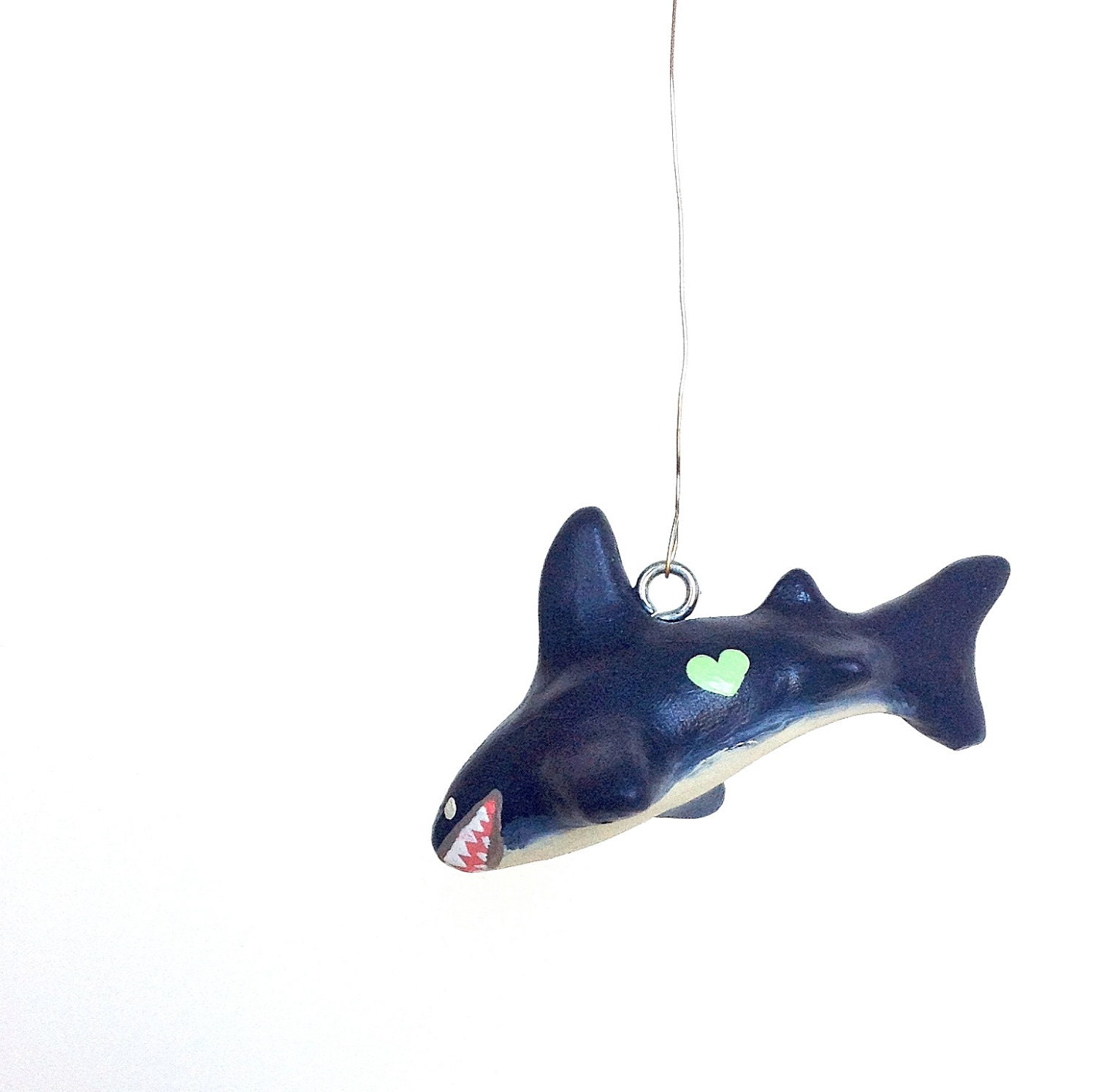 Shark Christmas ornament - nautical - navy blue - mint green heart - coral pink - ocean - sea creature