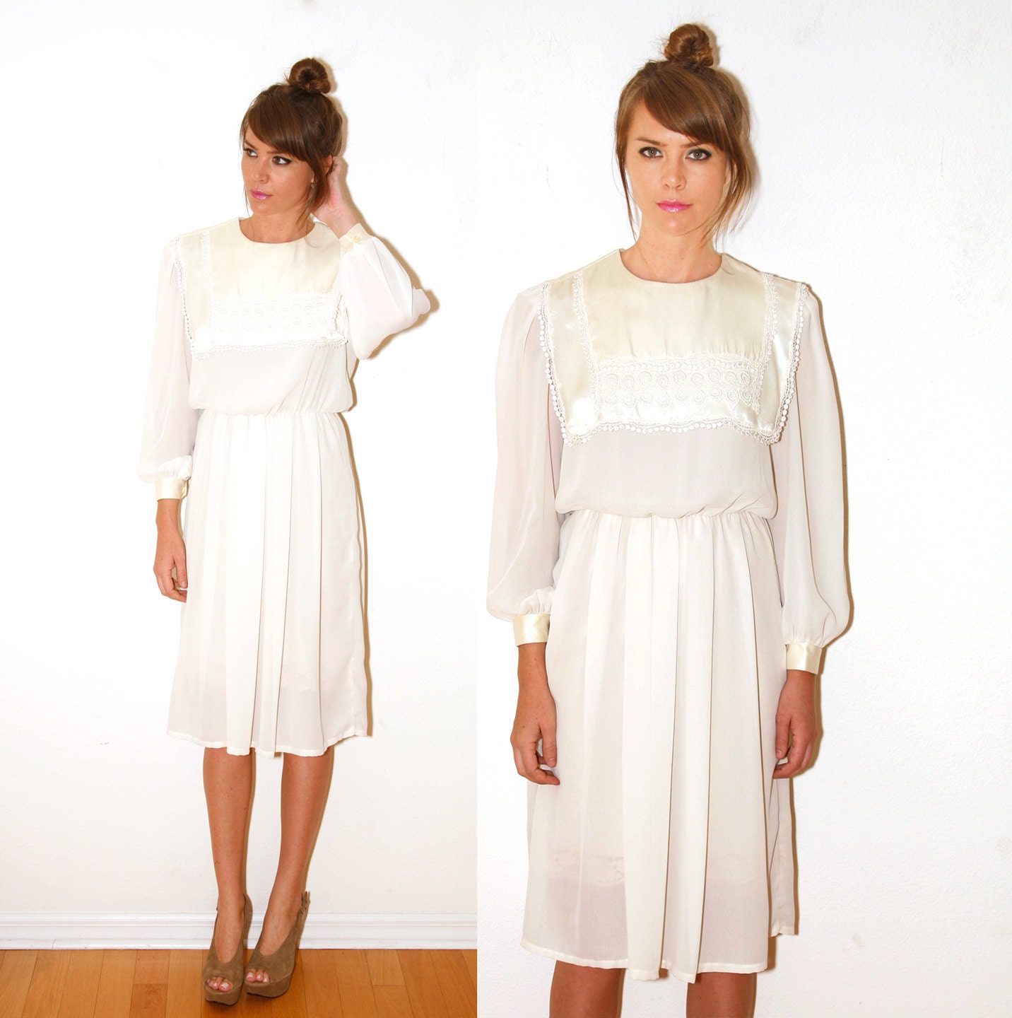 Vintage  Dolly Cream White Dress With Satin Bib Lace Trim Sheer Dress Medium