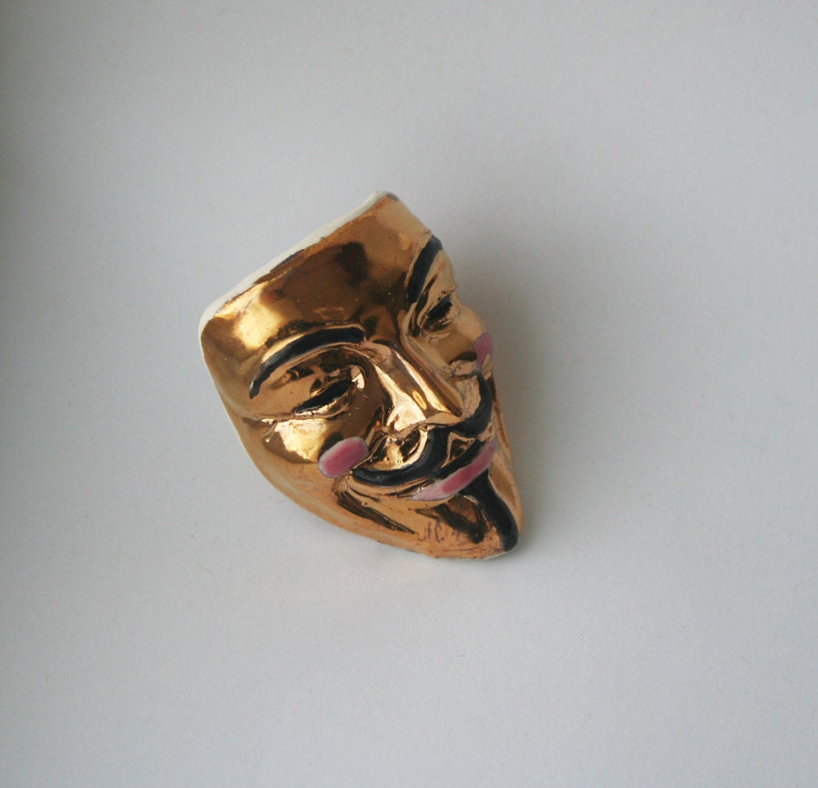 Guy Fawkes Mask Gold Pink and Black Porcelain Brooch