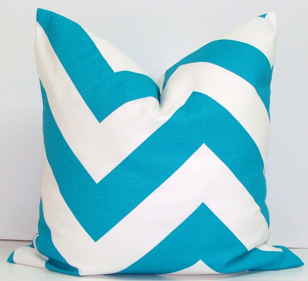 Turquoise Pillow..Blue.Printed Fabric Front and Back.16x16 inch Decorator Pillow Cover.Housewares.Home Decor.Cushions.cm.Large Chevron