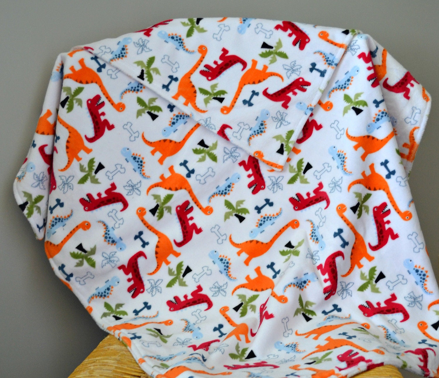 Baby Blanket Minky DOUBLE SIDED- Robert Kaufman dinosaur, dino dudes, boy, red, orange, brown, modern