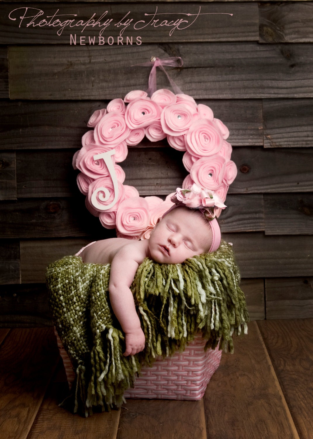 Baby Wreath Photo Prop - Pink Wreath - Felt Wreath in Baby Pink with Crystals and Initial Letter